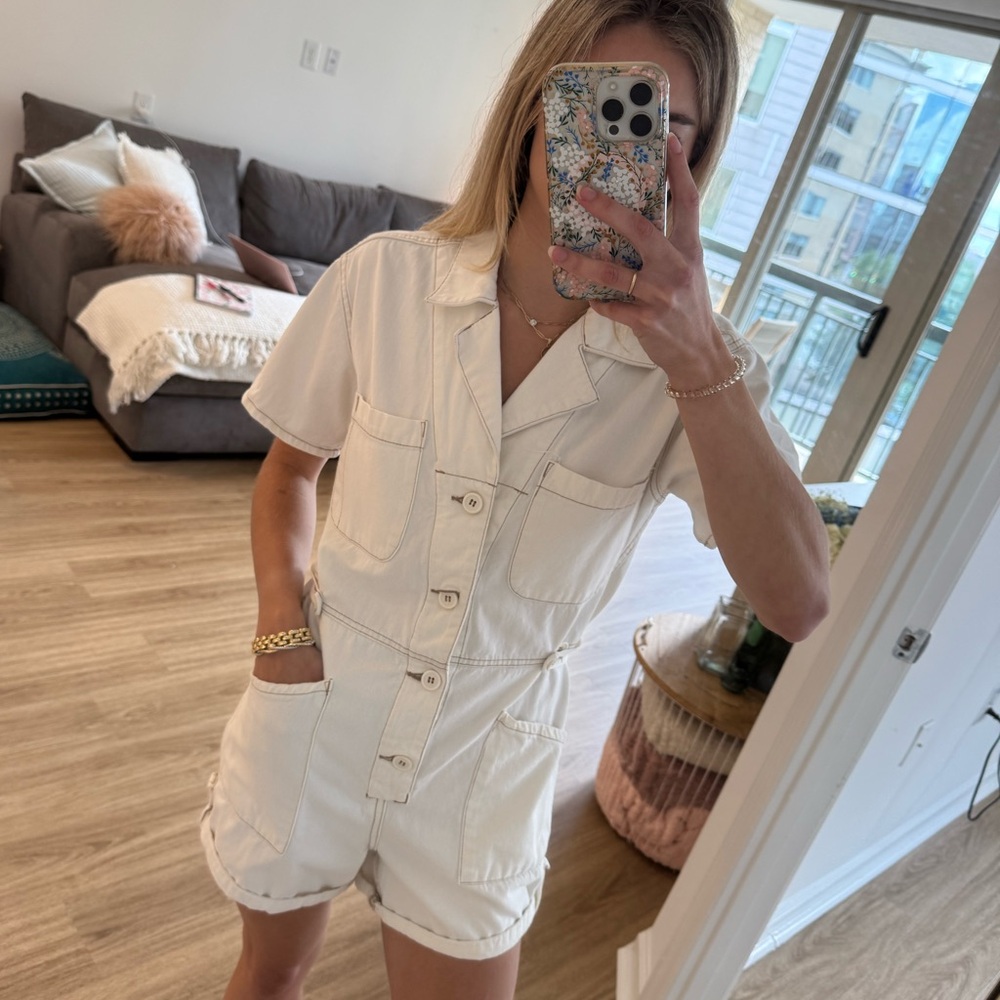 pistola Cream Button-Front Short Sleeve Utility Romper